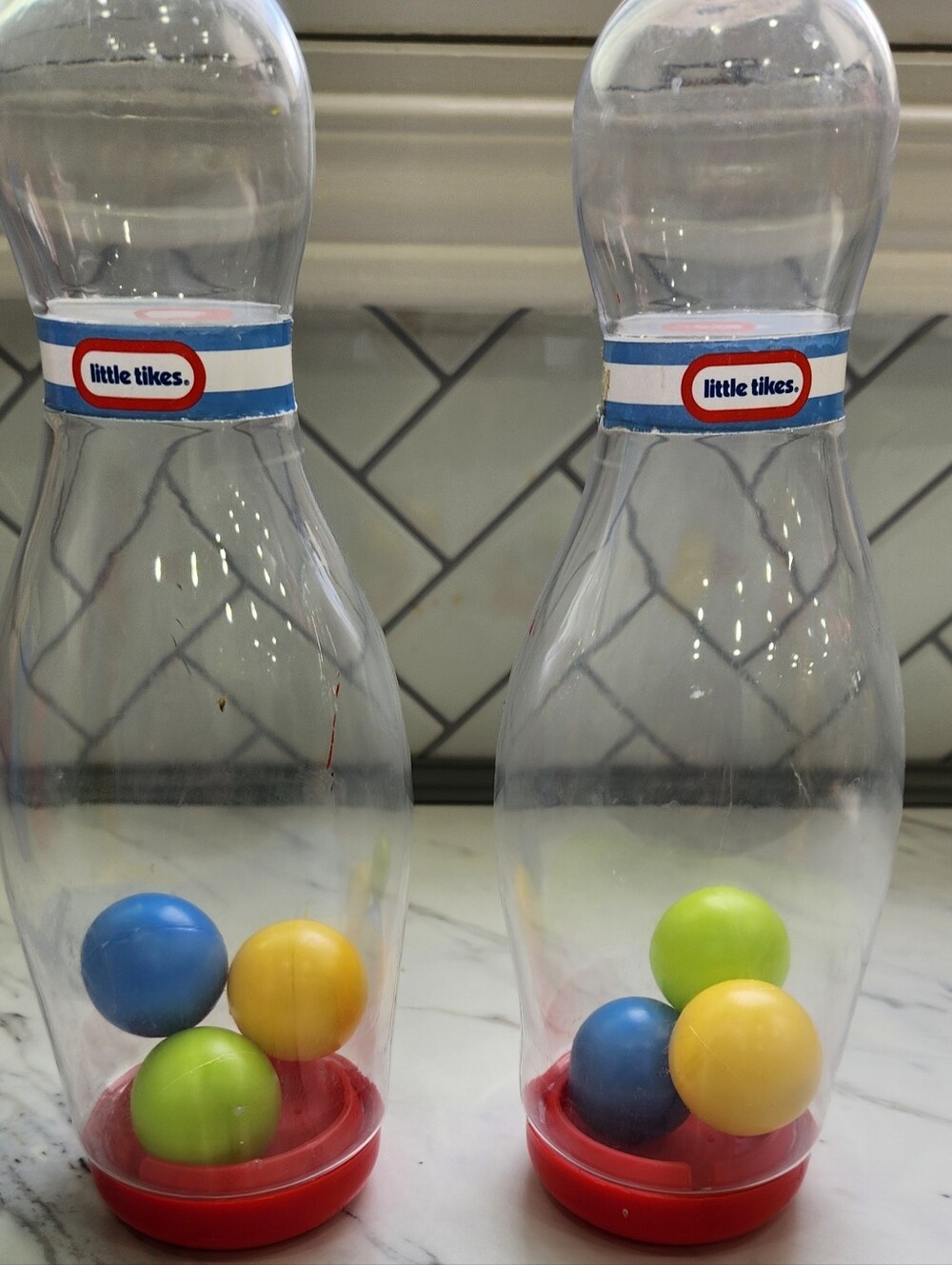 2 Little Tikes Clear Bowling Pin Replacement Pins w/Colored Rattle Balls inside